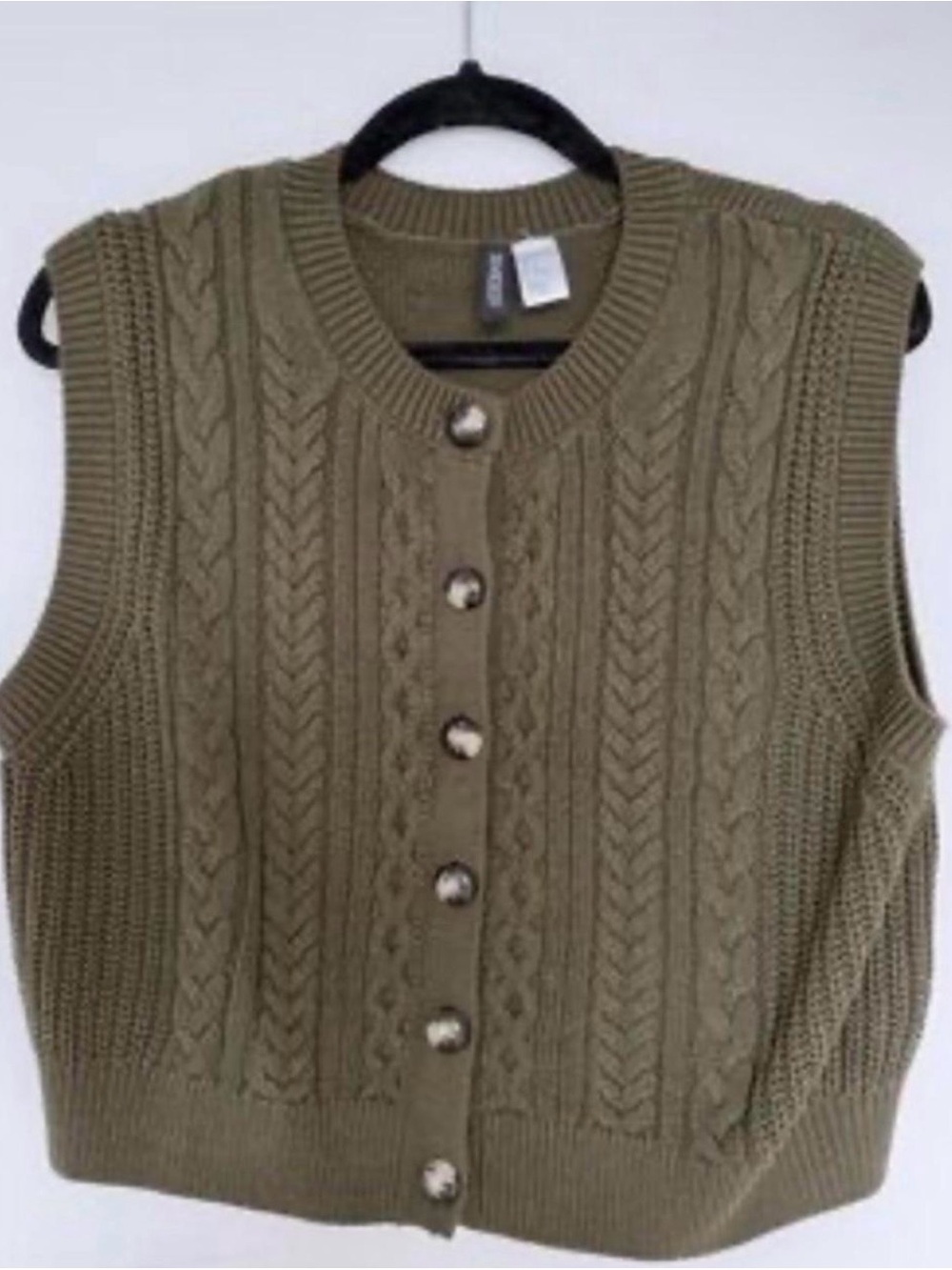 H&M Cable Knit Button-Front Sleeveless Sweater Vest - Olive
